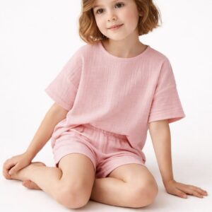Kız Çocuk Yarım Kollu Müslin Tişört & Şort Takımı