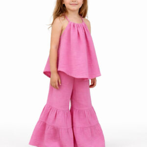 Kız Çocuk İp Askılı Crop & Pileli Müslin Pantolon Takımı