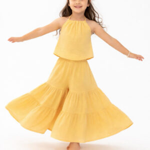 Kız Çocuk İp Askılı Crop & Pileli Müslin Pantolon Takımı