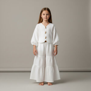 Kız Çocuk Balon Kollu Müslin Gömlek & Pileli Pantolon Takımı