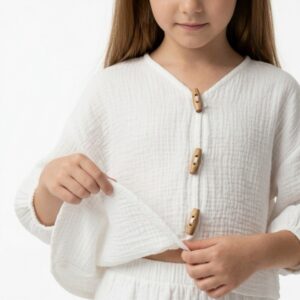 Kız Çocuk Balon Kollu İri Düğmeli Müslin Gömlek