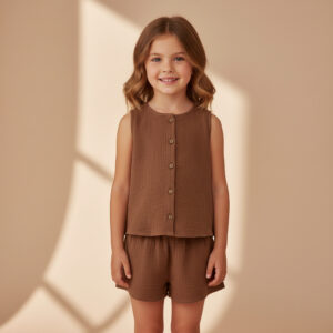 Kız Çocuk Sıfır Kollu Müslin Gömlek & Şort Takımı