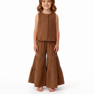 Kız Çocuk Sıfır Kollu Müslin Gömlek & Pileli Pantolon Takımı