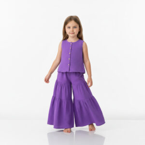 Kız Çocuk Sıfır Kollu Müslin Gömlek & Pileli Pantolon Takımı