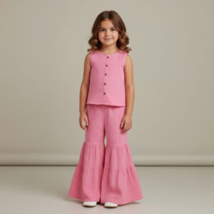 Kız Çocuk Sıfır Kollu Müslin Gömlek & Pileli Pantolon Takımı