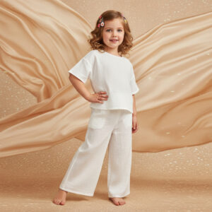 Kız Çocuk Yarım Kollu Müslin Tişört & Palazzo Pantolon Takımı