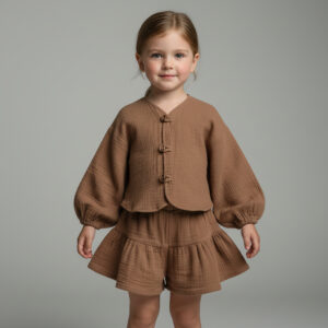 Kız Çocuk Balon Kollu Müslin Gömlek & Pileli Şort Takımı