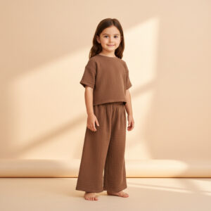 Kız Çocuk Yarım Kollu Müslin Tişört & Palazzo Pantolon Takımı