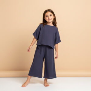 Kız Çocuk Yarım Kollu Müslin Tişört & Palazzo Pantolon Takımı