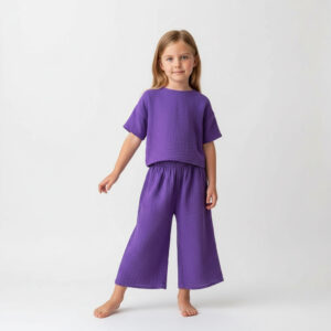 Kız Çocuk Yarım Kollu Müslin Tişört & Palazzo Pantolon Takımı