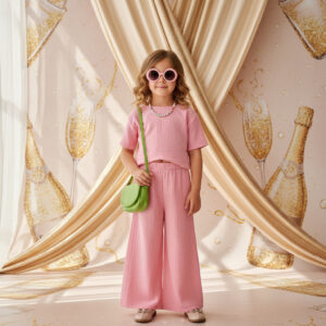 Kız Çocuk Yarım Kollu Müslin Tişört & Palazzo Pantolon Takımı