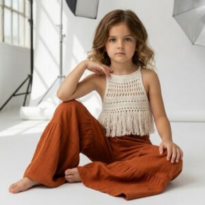 Kız Çocuk Püsküllü Dantel Örgü Bluz