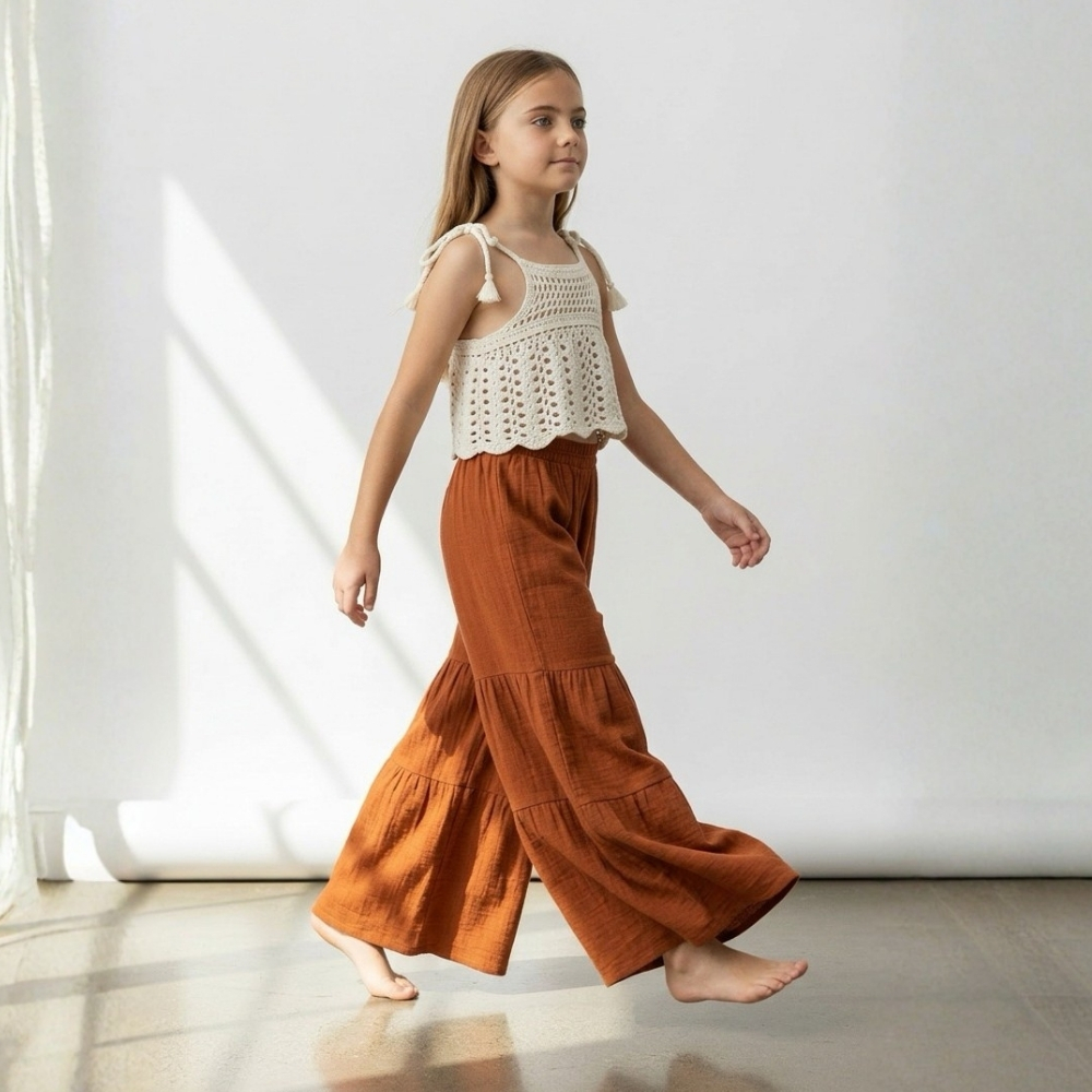 Kız Çocuk Pile Detaylı Müslin Pantolon - Görsel 25