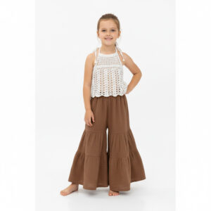 Kız Çocuk Dantel Örgü Bluz & Pileli Müslin Pantolon Takımı