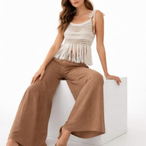 Kadın Püsküllü Dantel Örgü Bluz & Pileli Müslin Pantolon Takımı