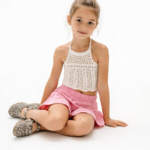 Kız Çocuk Dantel Örgü Bluz & Pileli Müslin Şort Takımı