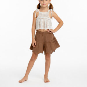 Kız Çocuk Dantel Örgü Bluz & Pileli Müslin Şort Takımı