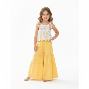 Kız Çocuk Dantel Örgü Bluz & Pileli Müslin Pantolon Takımı