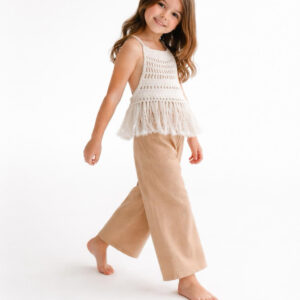 Kız Çocuk Püsküllü Dantel Örgü Bluz & Müslin Palazzo Pantolon Takımı