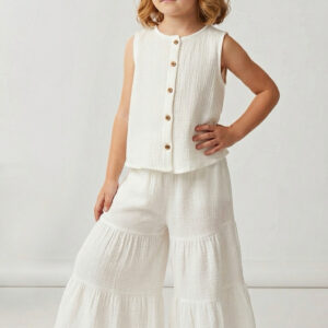 Kız Çocuk Sıfır Kollu Müslin Gömlek & Pileli Pantolon Takımı