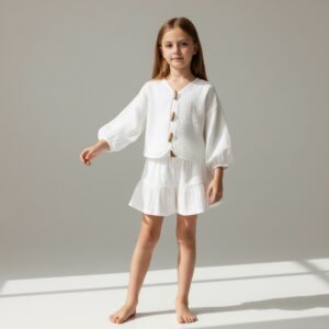 Kız Çocuk Balon Kollu Müslin Gömlek & Pileli Şort Takımı