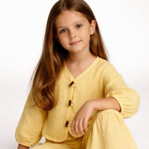 Kız Çocuk Balon Kollu İri Düğmeli Müslin Gömlek