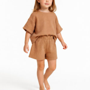 Kız Çocuk Yarım Kollu Müslin Tişört & Şort Takımı