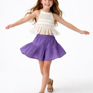 Kız Çocuk Dantel Örgü Püsküllü Bluz & Pileli Müslin Şort Takımı