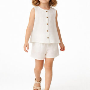 Kız Çocuk Sıfır Kollu Müslin Gömlek & Şort Takımı