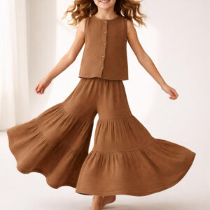 Kız Çocuk Sıfır Kollu Müslin Gömlek & Pileli Pantolon Takımı