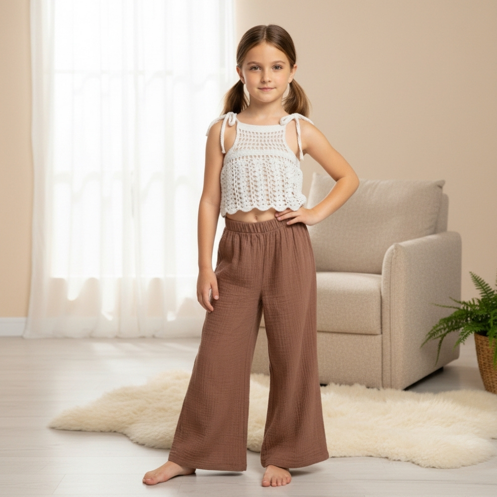Kız Çocuk Örgü Bluz Müslin Pantolon Takımı - Görsel 9