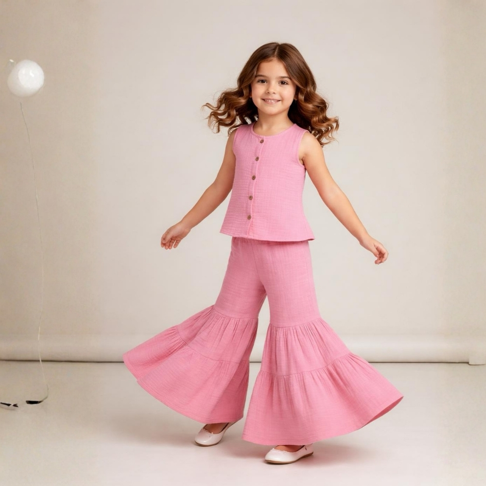 Kız Çocuk Kolsuz Müslin Gömlek Pileli Pantolon Takımı - Görsel 10