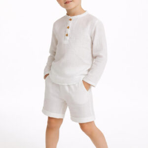 Erkek Çocuk Boyundan Düğmeli Müslin Gömlek & Şort Takımı