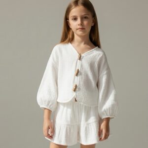 Kız Çocuk Balon Kollu Müslin Gömlek & Pileli Şort Takımı
