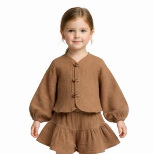 Kız Çocuk Balon Kollu İri Düğmeli Müslin Gömlek