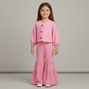 Kız Çocuk Balon Kollu İri Düğmeli Müslin Gömlek