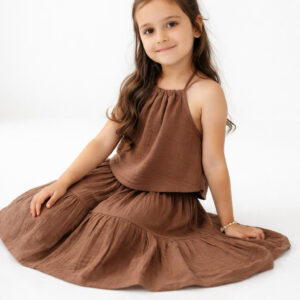 Kız Çocuk İp Askılı Crop & Pileli Müslin Pantolon Takımı