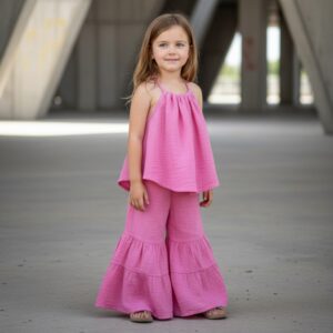 Kız Çocuk İp Askılı Crop & Pileli Müslin Pantolon Takımı