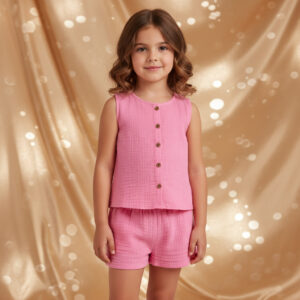 Kız Çocuk Sıfır Kollu Müslin Gömlek & Şort Takımı