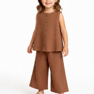Kız Çocuk Sıfır Kollu Müslin Gömlek & Palazzo Pantolon Takımı