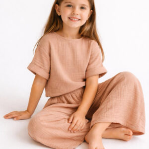 Kız Çocuk Yarım Kollu Müslin Tişört & Palazzo Pantolon Takımı