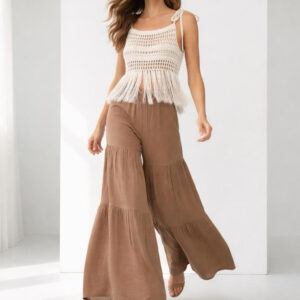 Kadın Püsküllü Dantel Örgü Bluz & Pileli Müslin Pantolon Takımı