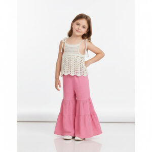 Kız Çocuk Dantel Örgü Bluz & Pileli Müslin Pantolon Takımı