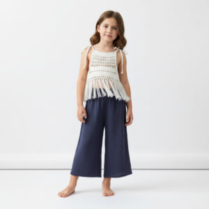 Kız Çocuk Püsküllü Dantel Örgü Bluz & Müslin Palazzo Pantolon Takımı