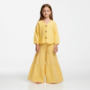 Kız Çocuk Balon Kollu Müslin Gömlek & Pileli Pantolon Takımı