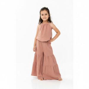 Kız Çocuk İp Askılı Crop & Pileli Müslin Pantolon Takımı