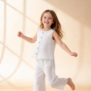 Kız Çocuk Sıfır Kollu Müslin Gömlek & Palazzo Pantolon Takımı