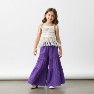 Kız Çocuk Pile Detaylı Müslin Pantolon