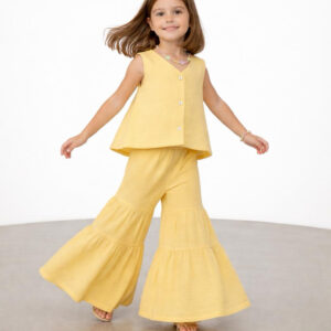 Kız Çocuk Müslin Yelek ve Pile Detaylı Müslin Pantolon Takımı