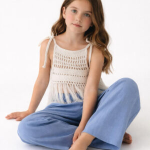 Kız Çocuk Püsküllü Dantel Örgü Bluz & Müslin Palazzo Pantolon Takımı